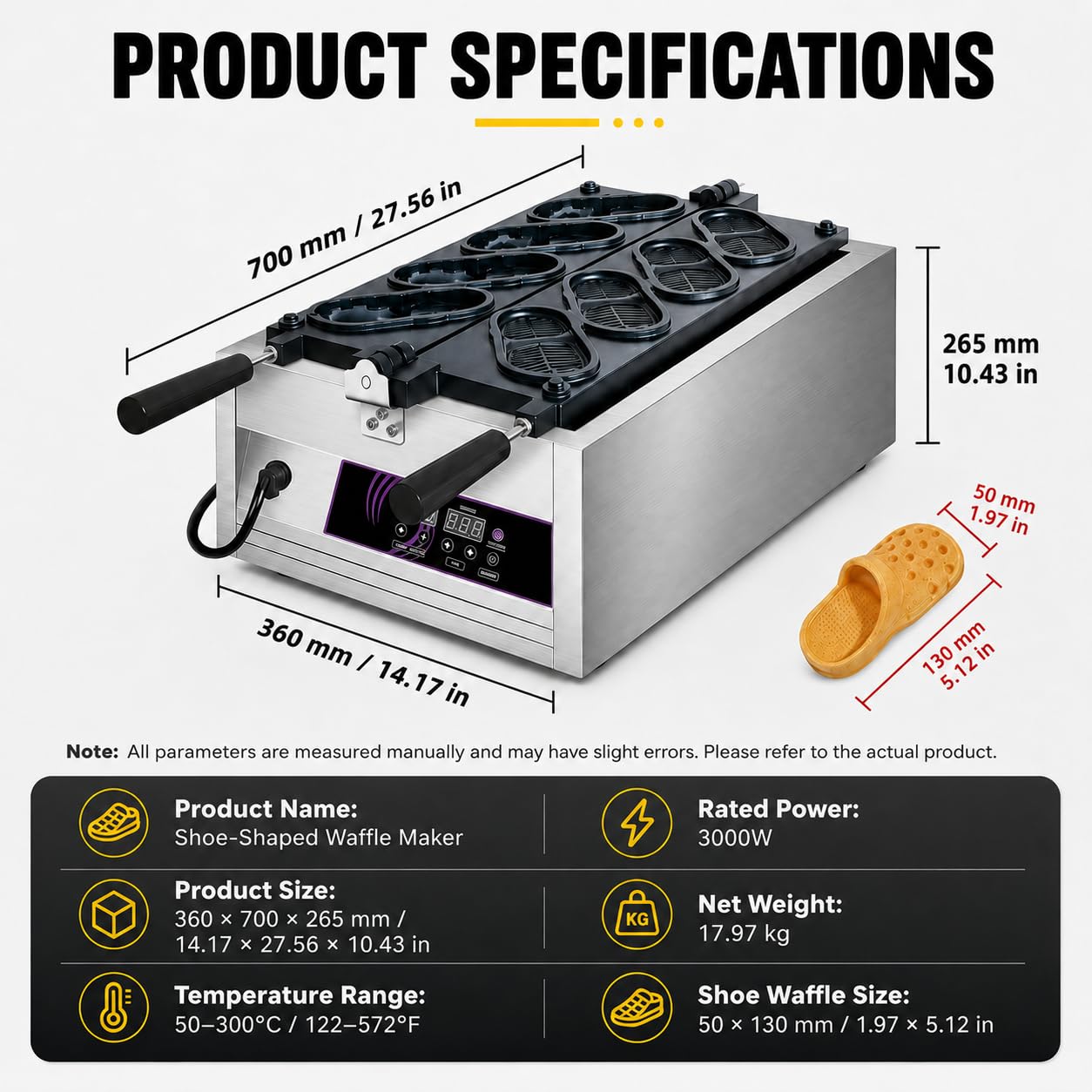 Gofrera Comercial con Forma de Zapato, Máquina Queso 3000W 6hole | Controles Precisos de Temperatura y Temporizador Son Ideales para Gofres de Queso Coreanos.