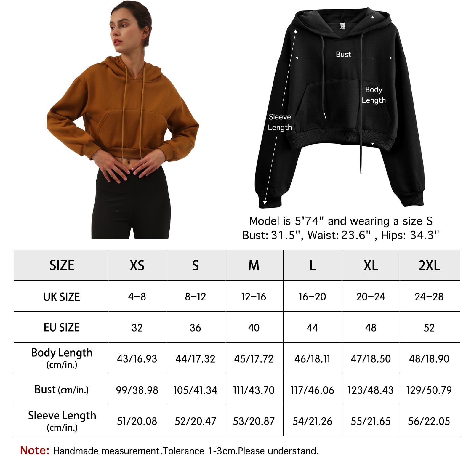 Amazhiyu - Sudadera corta con capucha para mujer, casual, manga larga, cuello redondo, sin botones