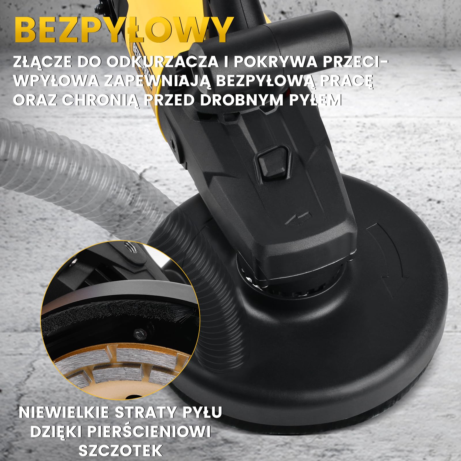 XIIW Szlifierka do betonu 3800W z tarczą diament 180mm, wydłużonym uchwytem | Frezarka posadzek z odpylaniem, 6 biegów 6000 RPM – Wyrównywanie szlifowanie usuwanie kleju betonu kamienia płytek gipsu
