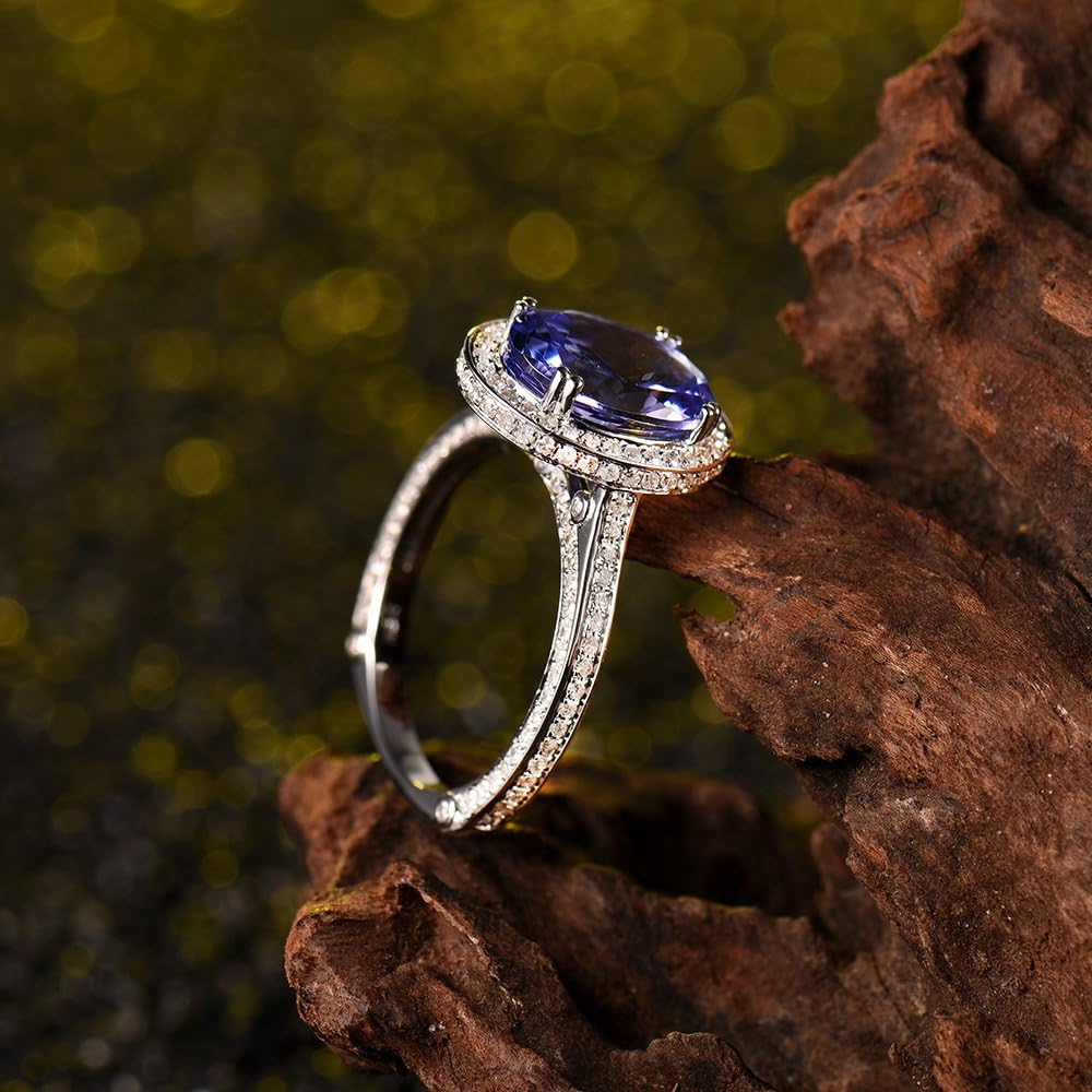 14K White Gold Natural Tanzanite Real Diamond Ring Engagement Wedding Band for Women Promotion