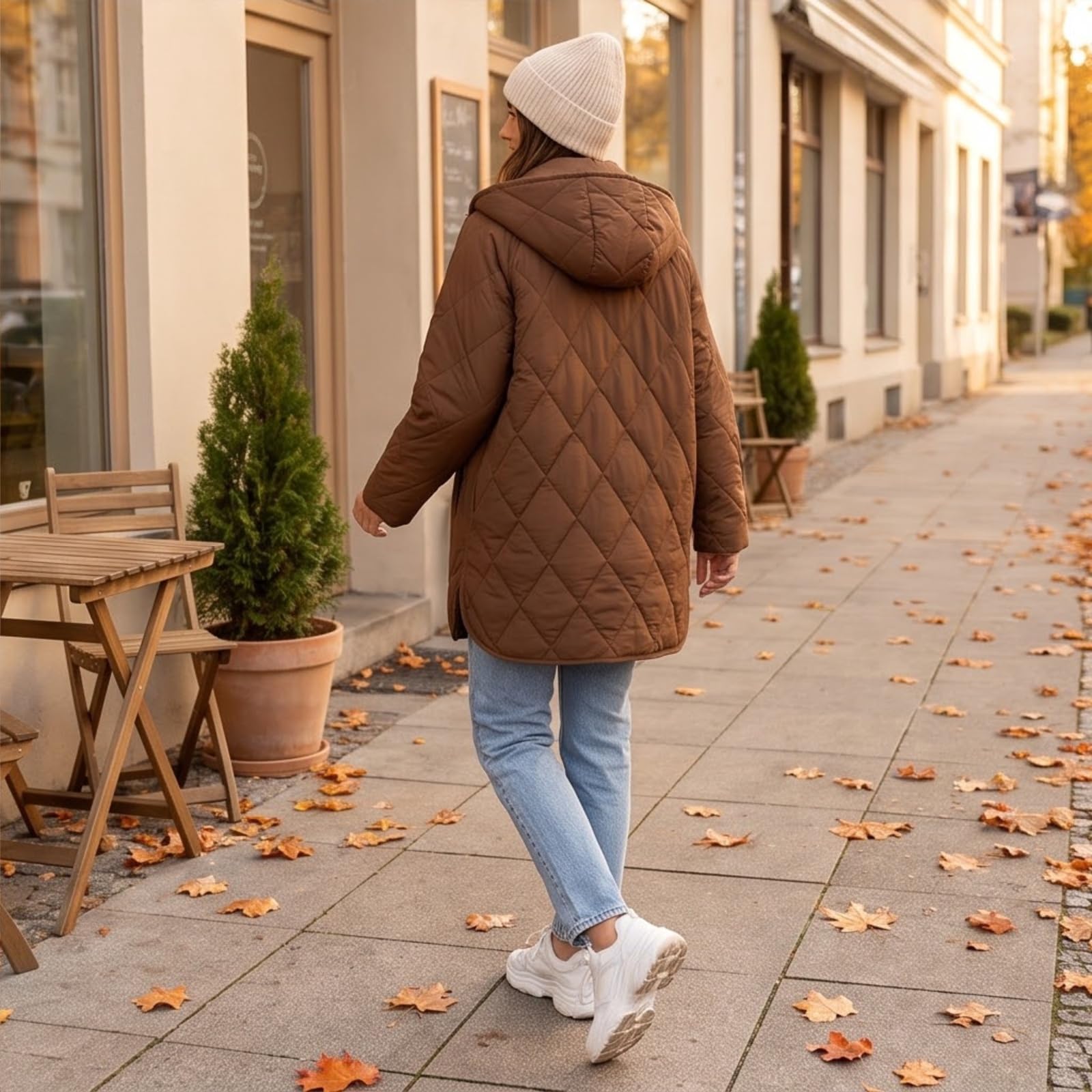 Generisch Damen Steppjacke mit Kapuze Lang Winterjacke Warm Übergangsjacke