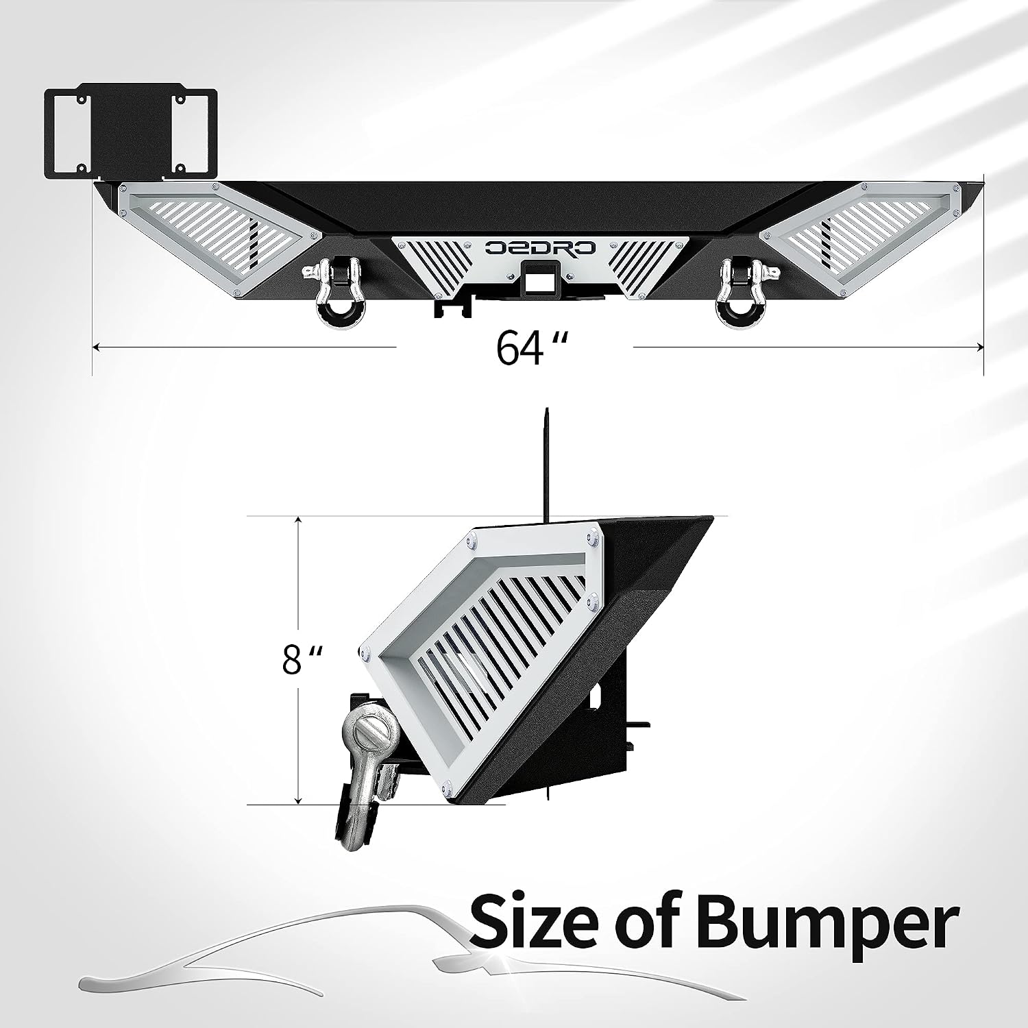 Diagram illustrating the rust-resistant layers of the OEDRO bumper: all-steel build, rust-resistant layer, and textured powder coat finish.