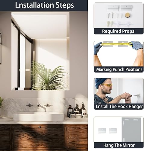 Miniatura 7 de Espejo de pared sin marco de 16 x 24 pulgadas con borde biselado de 1 pulgada, espejo rectangular sin marco para baño, tocador, sala de estar