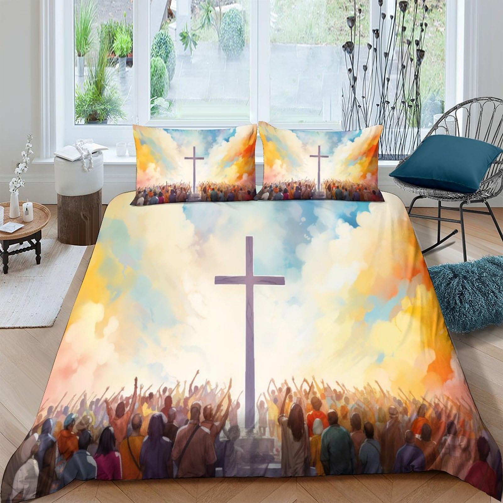 Housses de couettes avec taies Dieu imprimé 3D microfibre 200x200cm pour lit double