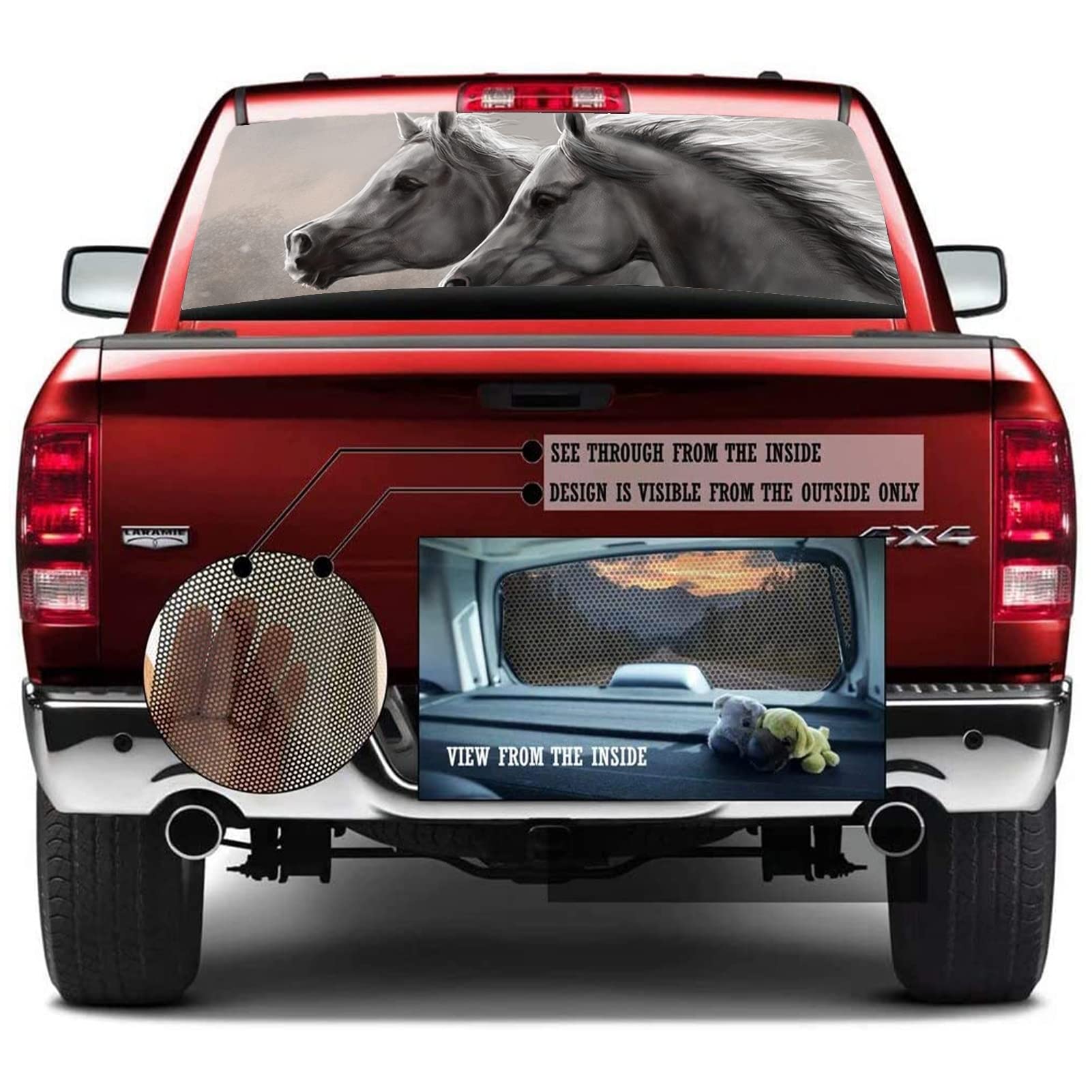 Adesivo per finestrino posteriore dell'auto, adesivo per finestrino posteriore con cavalli di destriero, perforato, per auto, SUV, camion, graffi, auto, 147,3 x 45,7 cm