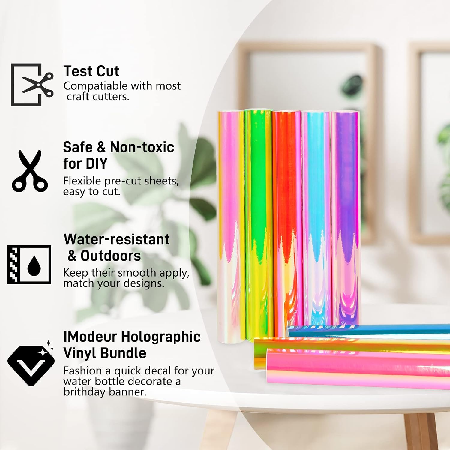 IModeur Opal Permanent Holographic Vinyl Bundle (5 Pack, 12” x 12”) Permanent Adhesive Sheets for DIY Crafts, Party Decoration, and Car Decal -Holographic Vinyl for Cutting Machine.