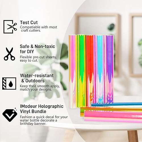 Miniatura 10 de IModeur Vinilo holográfico para Cricut - Paquete de 5 láminas de vinilo holográfico permanente color rosa ópalo para manualidades, decoración de