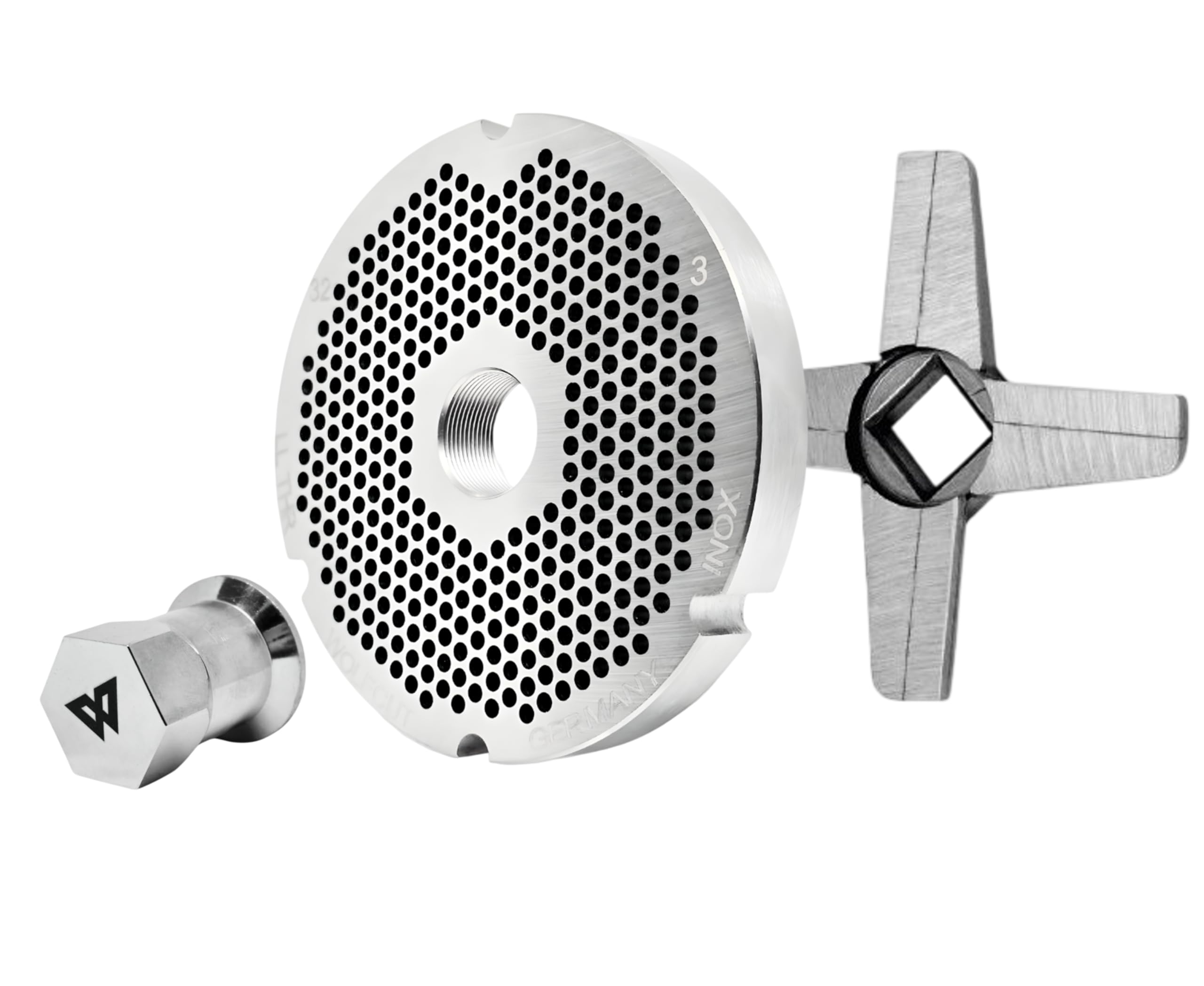 Wolfcut Inox Longlife - Juego de cuchillas para picadora de carne (4 ranuras y rosca de 3,0 mm, incluye un cuchillo en cruz Longlife y tapa atornillable compatible con todas las marcas de picadora de