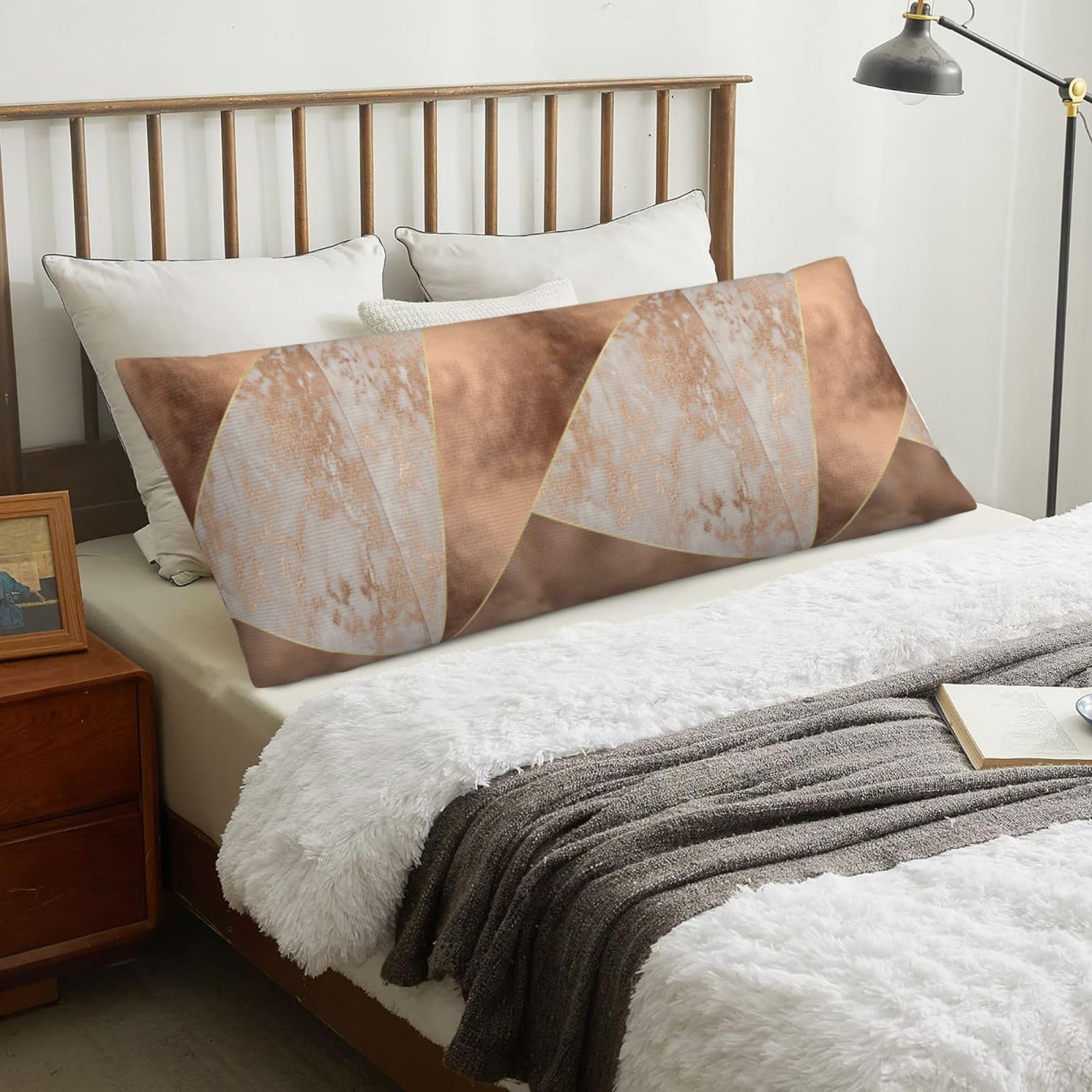 Copper Foil And Blush Rose Gold Marble Triangles, Body Pillow Cover with Zipper,Long Body Pillowcase 20 x 60 in