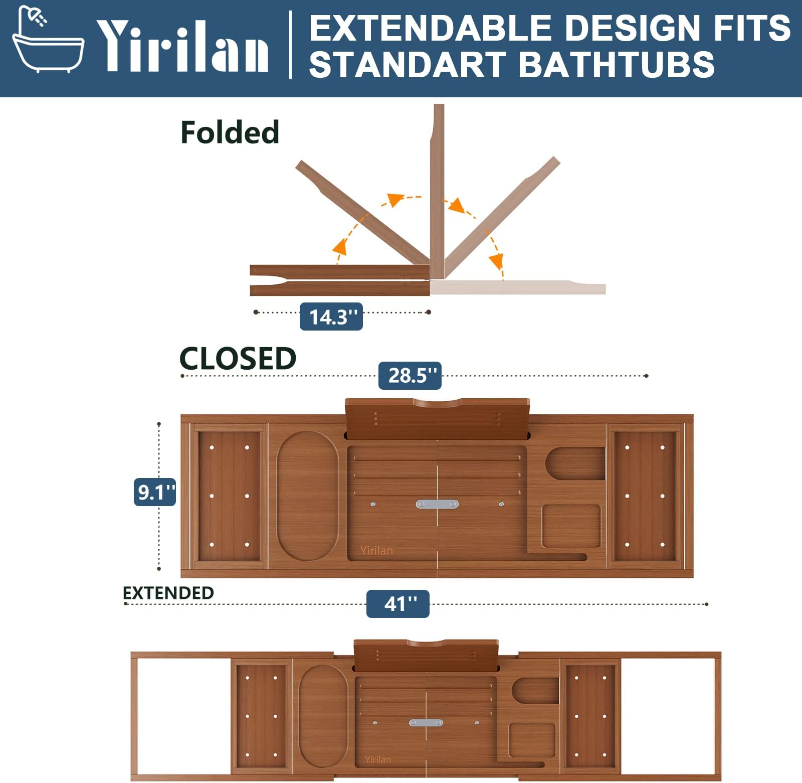 Yirilan Bath Tray - Foldable Bathtub Caddy - Adjustable Premium Bamboo Bathroom Tray for Tub, for Home Spa - Gift Idea for Loved Ones - Brown