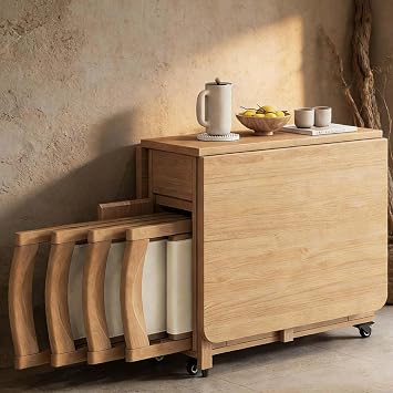 Wooden Drop Leaf Table with 6 Chairs Folding Kitchen Table Set Mobile Extendable Dining for Restaurant Living Room,4 chairs,1.3m