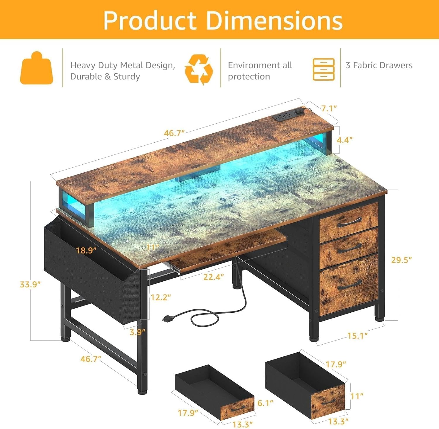 Rustic Office Desk with File Cabinet - 47 Inch Computer Desk with Keyboard Tray Drawers Storage Monitor Stand Power Outlets, Work PC Desks for Adult Boys Teen Home Office, Rustic Brown