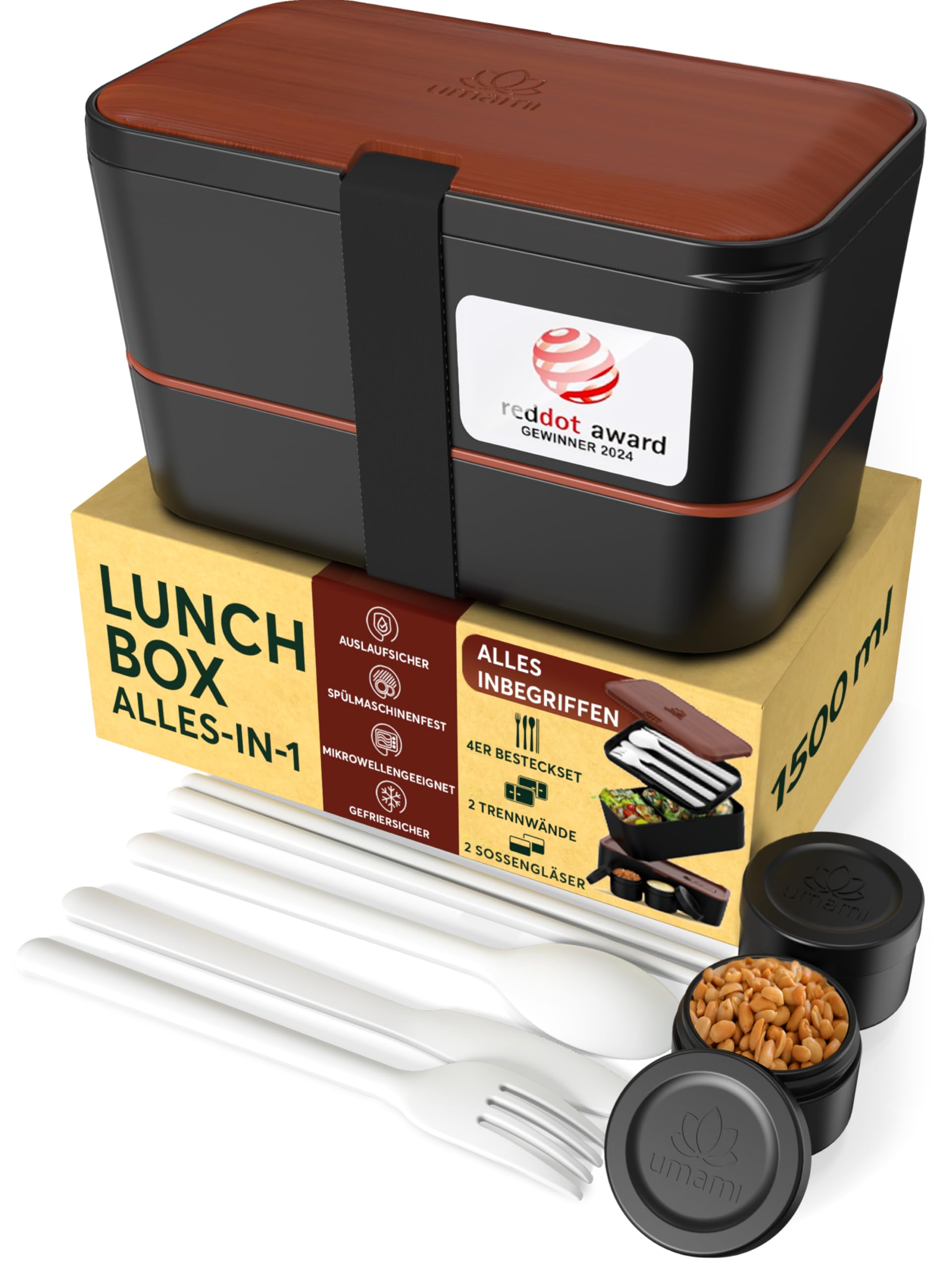 Umami Premium Lunchbox Erwachsene, Verschachtelbar Auslaufsichere Bento Box mit 4 Bestecke & Fächern, Brotdose Erwachsene, Salatbehälter To-Go, Lunch Box für Picknick/Büro, Schwarzes Sapele, 1500 ml