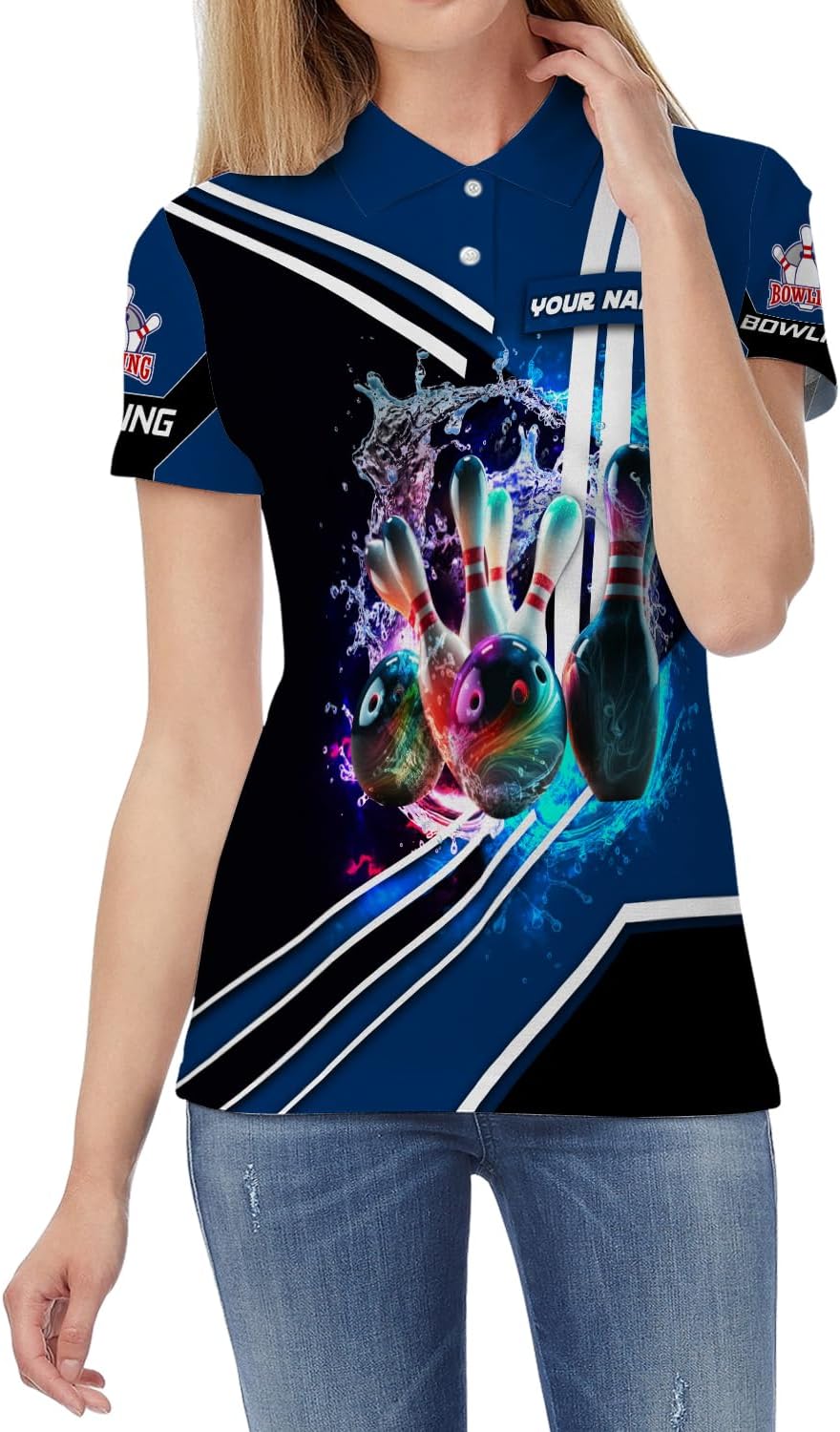 3D Printed Custom Large Mouth Shark Bowling Polo Bowl Pins and Ball Short Sleeve Shirt Gift for Professional Bowlers