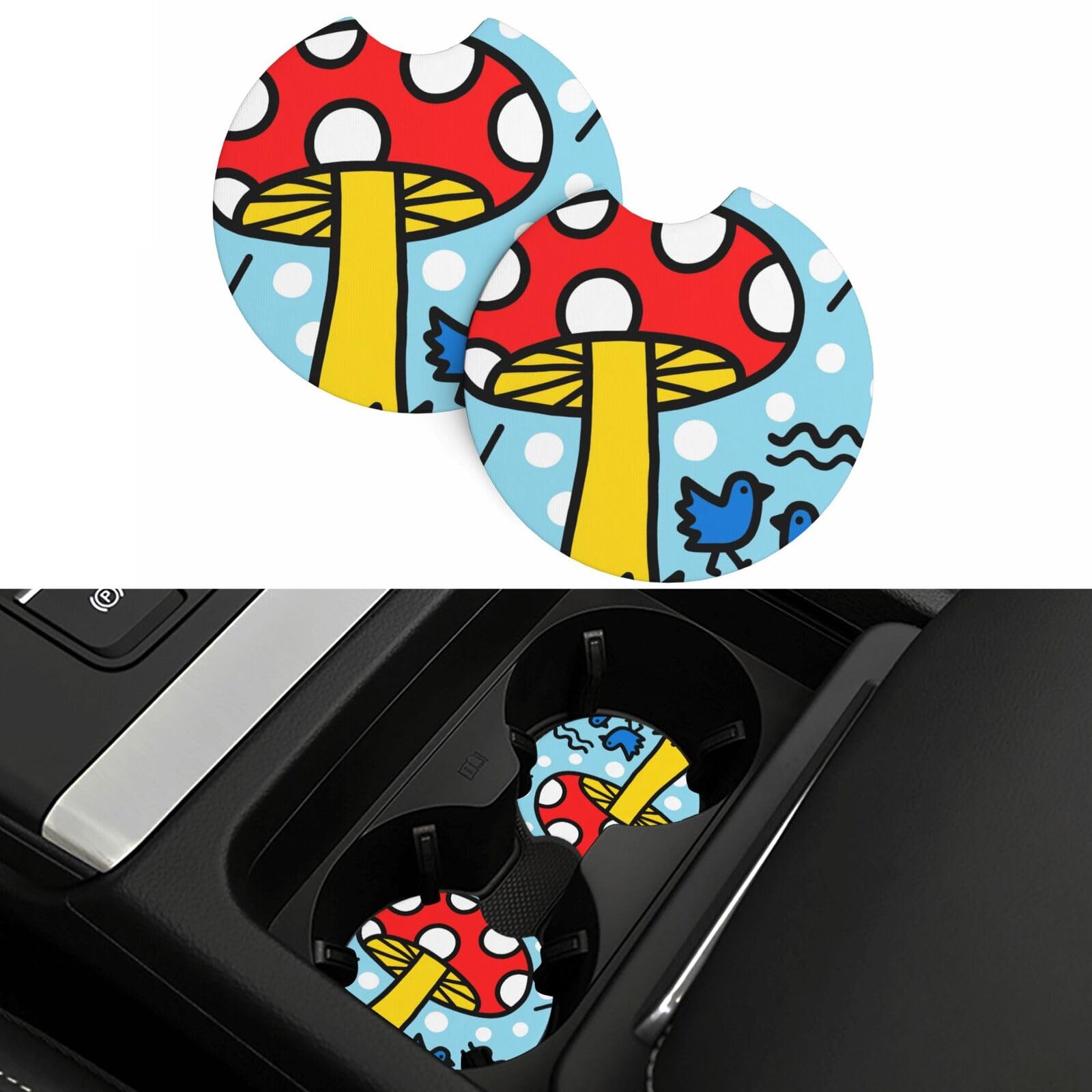 2 Pack Car Coasters,2.7" Universal Car Cup Holder Coasters Non-Slip Neoprene Cup Pad Mat Coaster Car Interior Accessories for Women Men Doodle Mushrooms