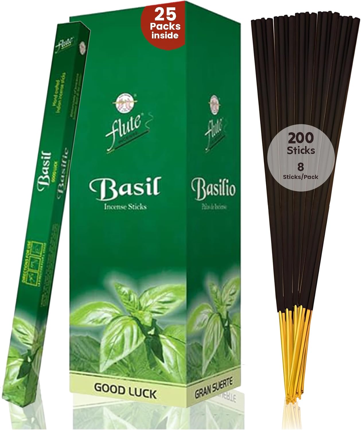 Flute Basil Incense Sticks – Herbal Basil Incense for Positivity, Prayer & Mindful Living - 8 Sticks/Pack, 25 Packs/Box (9 Inch, 200 Sticks) | 40 Minutes Burn Time
