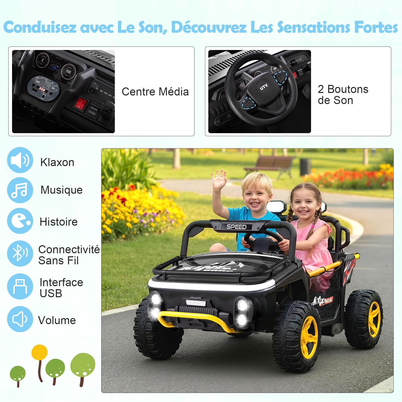 COSTWAY 24V Voiture Électrique Enfant 2 Places avec Télécommande 2,4G, Buggy Électrique Enfant avec Musique Klaxon Lumières LED, Démarrage Progressif, 3,5-6,5 km/h, Charge 40kg pour 3-7 Ans (Noir)
