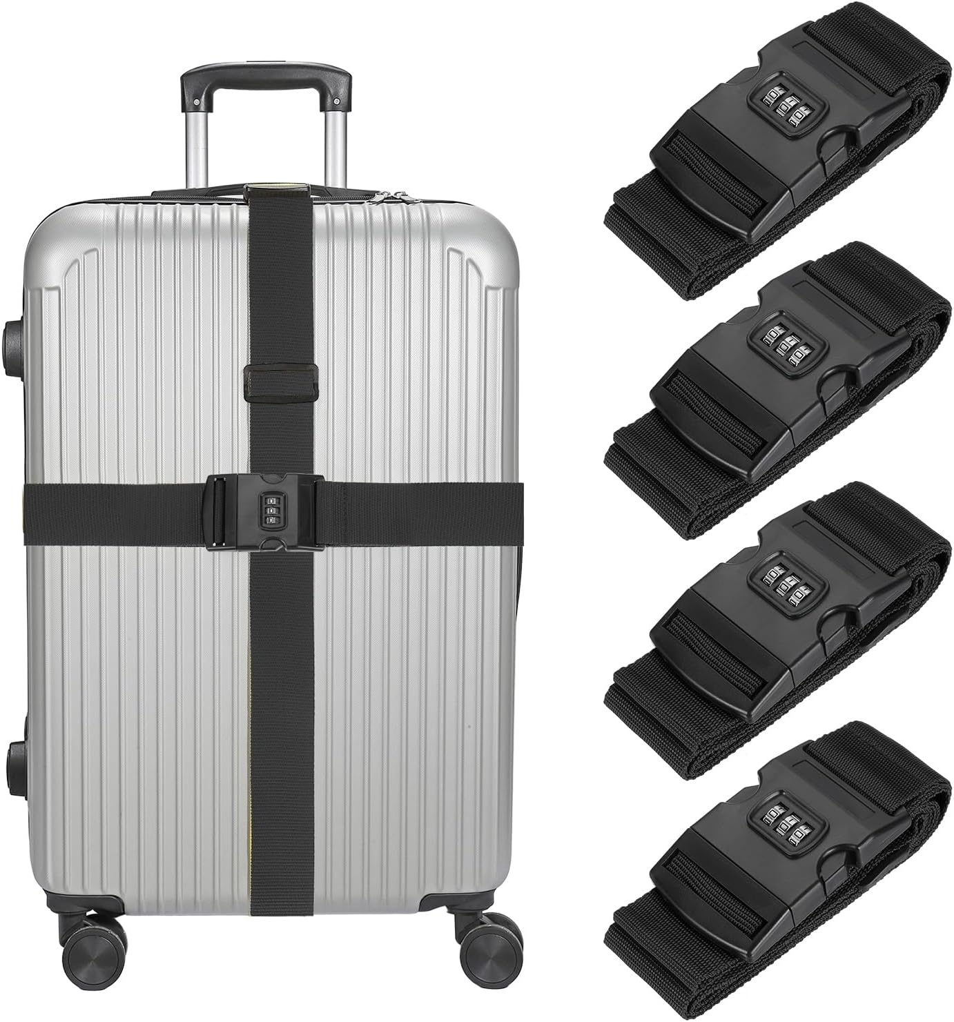 MECCANIXITY Luggage Straps with Combination Lock Adjustable Suitcase Belt Strap for Suitcase Briefcase Backpack Travel, Black, Pack of 4