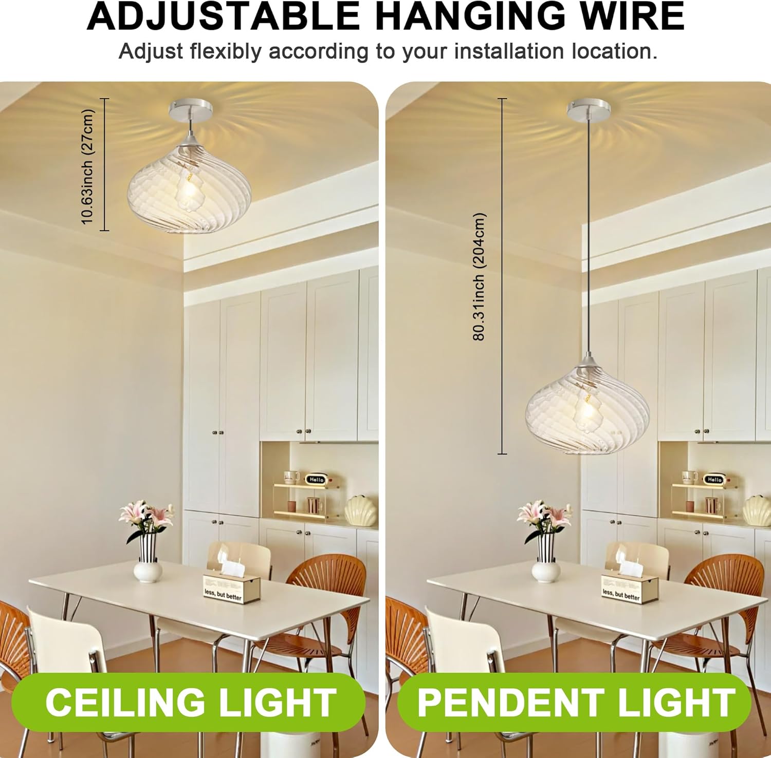 Glass Pendant Lights Kitchen Island, 11'' Brushed Nickel Pendant Lighting Fixtures, Modern Hanging Ceiling Light With Striped Clear Glass Shade for Farmhouse Dining Room Bedroom Hallway(1 Pack)
