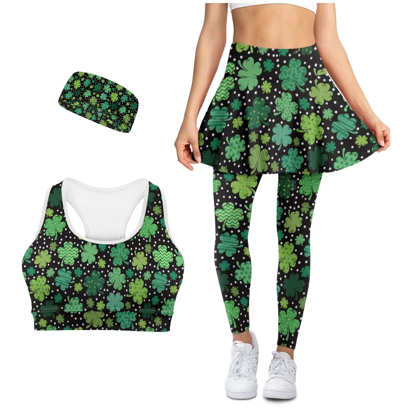 Skirted Leggings for Women Yoga Sets Sports Bra with Phone Pocket Non Slip Headband Pilates Outfits for Women