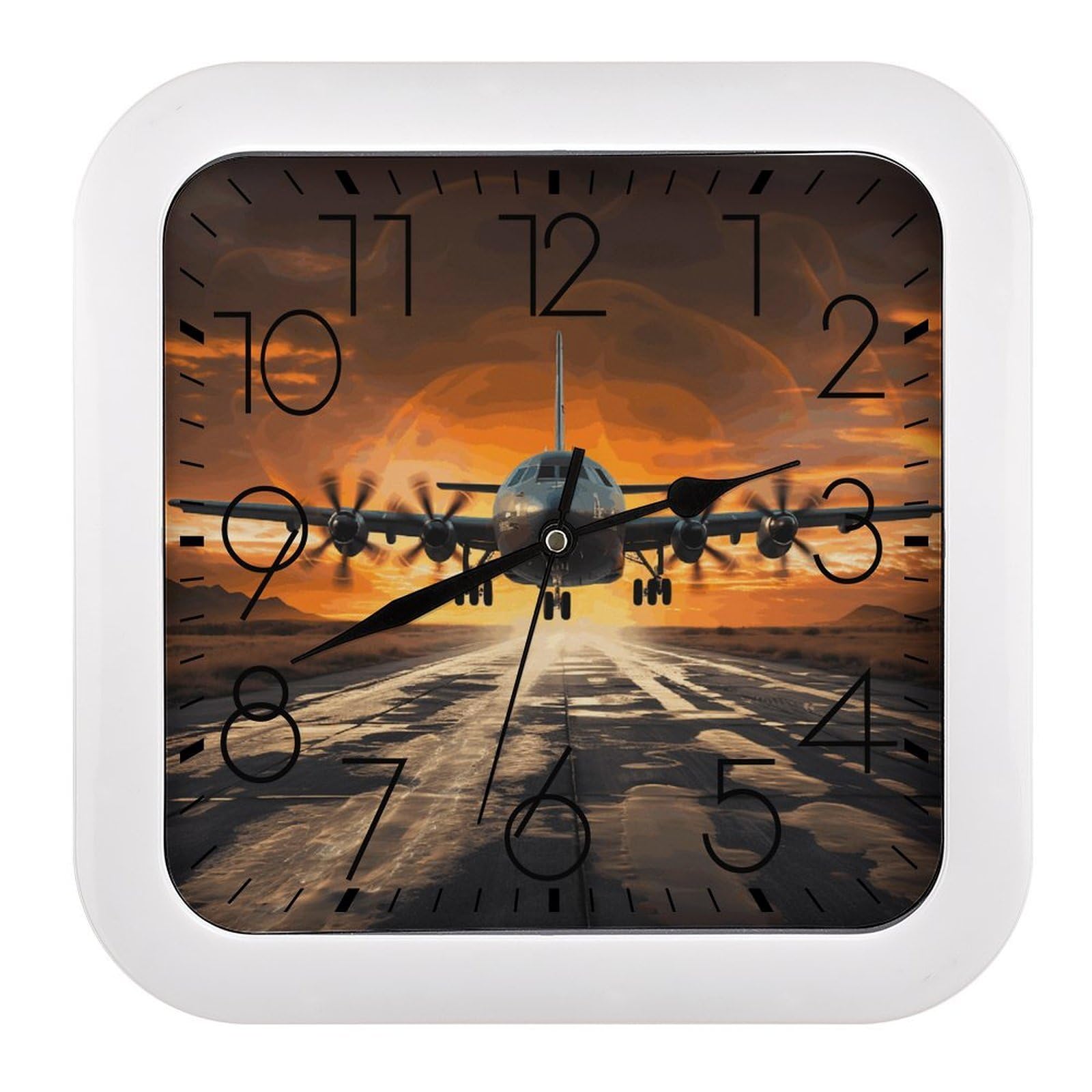 10.2 X 10.2 Inch Modern Military Plane Landing on Airforce Runways Against Beautiful Dusky Sky Wall Clock Battery Operated High Accuracy Decorative Square Clocks for Kitchen Bedroom Living Room Home O