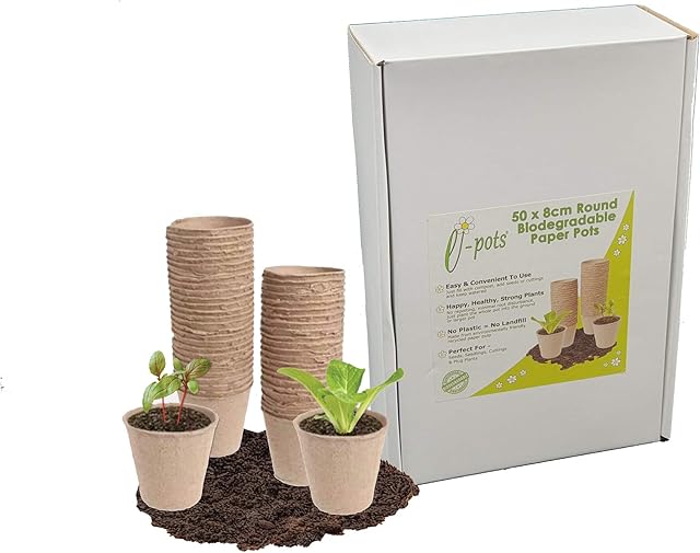 Biodegradable Seed Pots x 50 | 8cm Nursery Pots for Seeds, Seedlings, Cuttings, Plug Plants | Compostable Beige Plant Pots from Recycled Paper Pulp | Indoor Outdoor Use | Plastic Free Box Pack