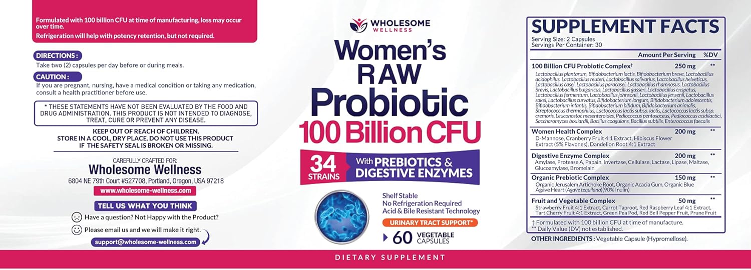 Dr. Formulated Raw Probiotics for Women 100 Billion CFUs with Prebiotics, Digestive Enzymes, & UT Support, Approved Women's Probiotic for Adults, Shelf Stable Probiotic Supplement Capsules : Health & Household