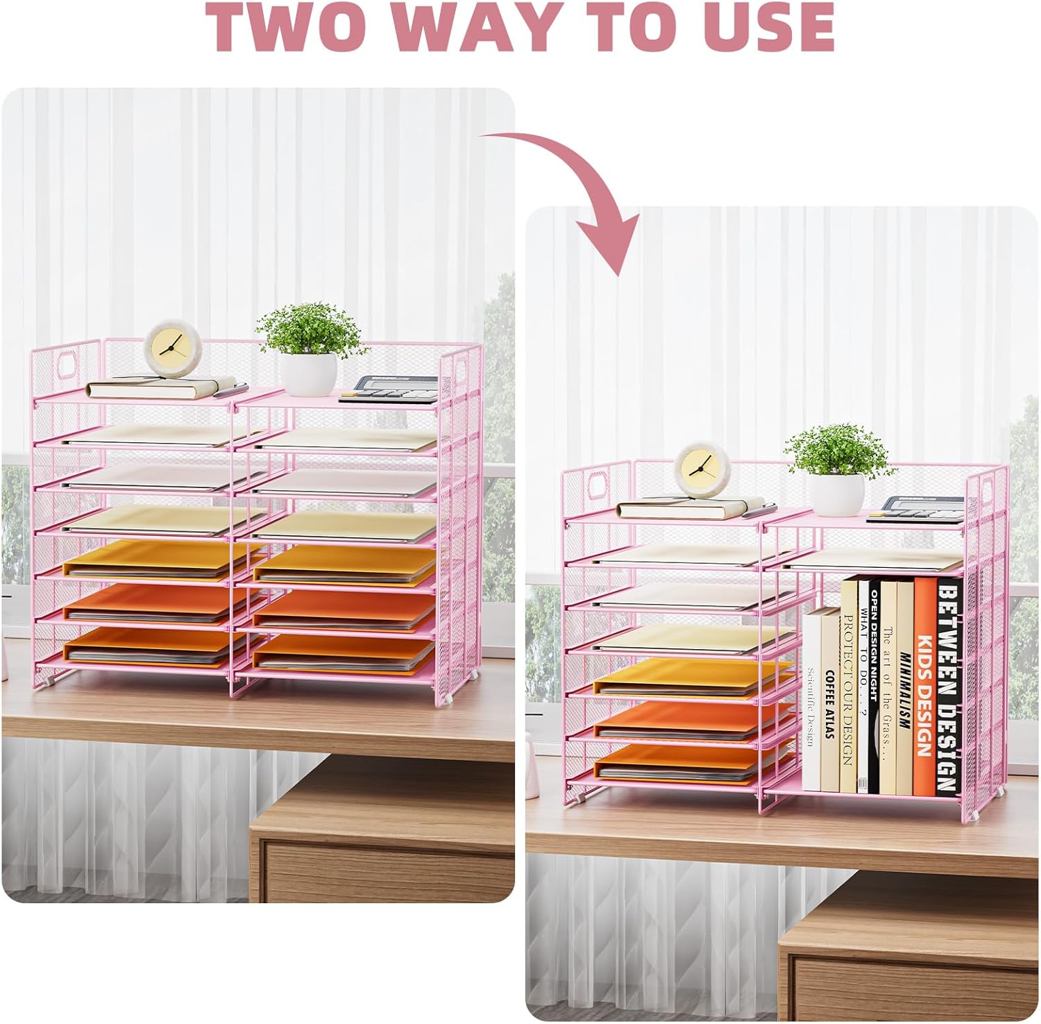 Marbrasse Desktop Literature Organizer, 12 Compartments Mesh Paper Organizer Desk Organizers, Adjustable File Sorter Mail Center Paper Storage Cabinet Classroom Mailbox for Office Home School, Pink