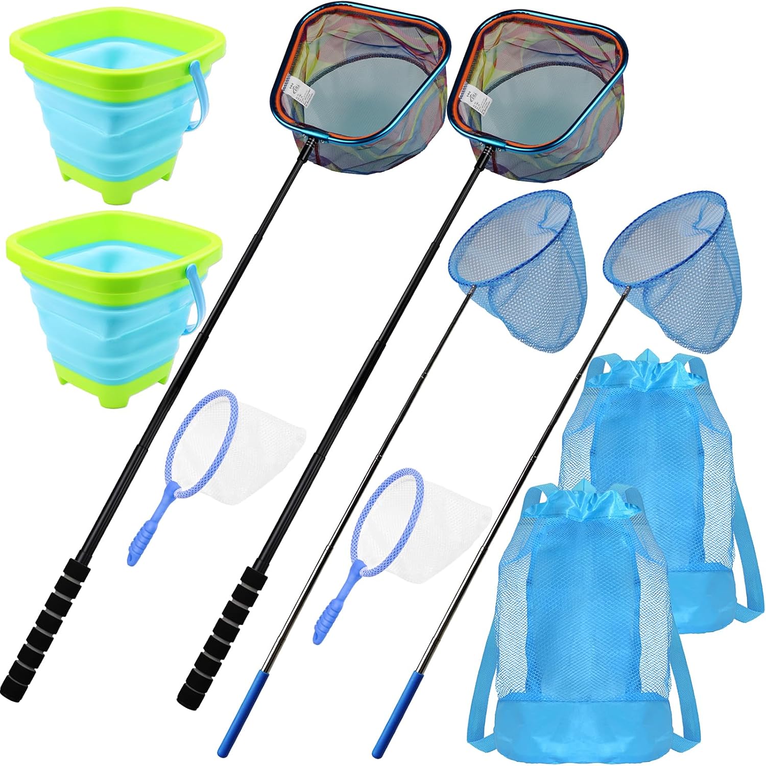 Kids Fishing Net Set – Telescopic Landing Net with Bucket, Small Butterfly & Bug Net, Storage Bag for Freshwater Lake Pond Garden Outdoor Activities