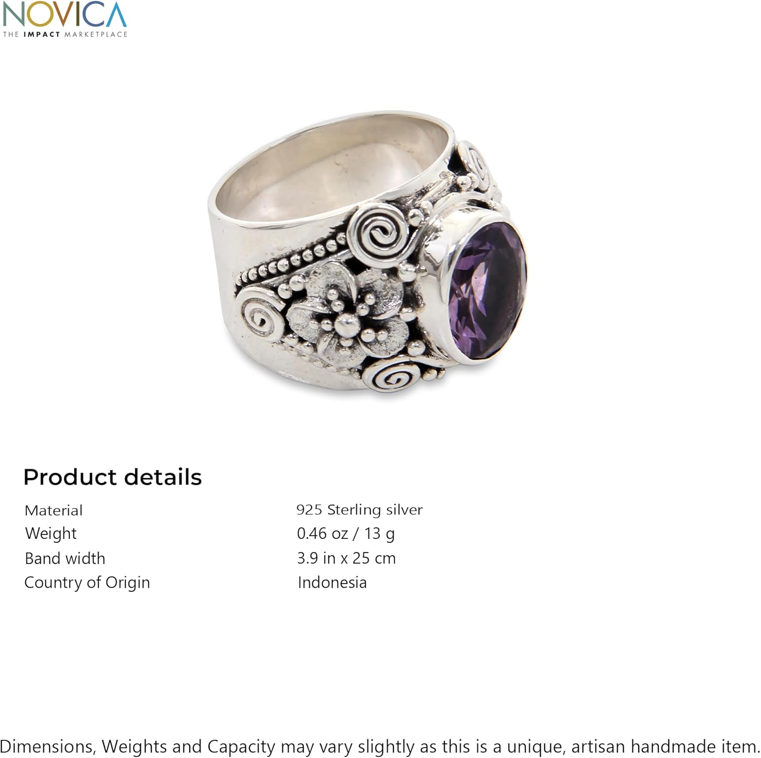 NOVICA Artisan Handmade Amethyst Cocktail Ring Floral Sterling Silver Faceted from Bali Purple Single Stone Indonesia Birthstone [crownbezel 0.5 in L x 0.4 in W x 0.2 in H Band Width 10 mm W] ' - Image 5
