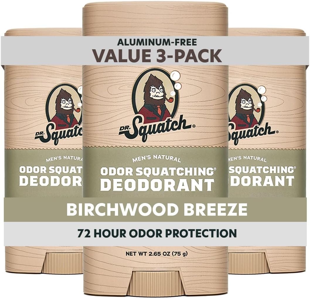 Dr. Squatch Natural Men’s Deodorant – Aluminum Free Natural Deodorant Men with Charcoal & Postbiotics for 72-Hour Odor Protection – Birchwood Breeze, 2.65oz Stick (3-Pack)