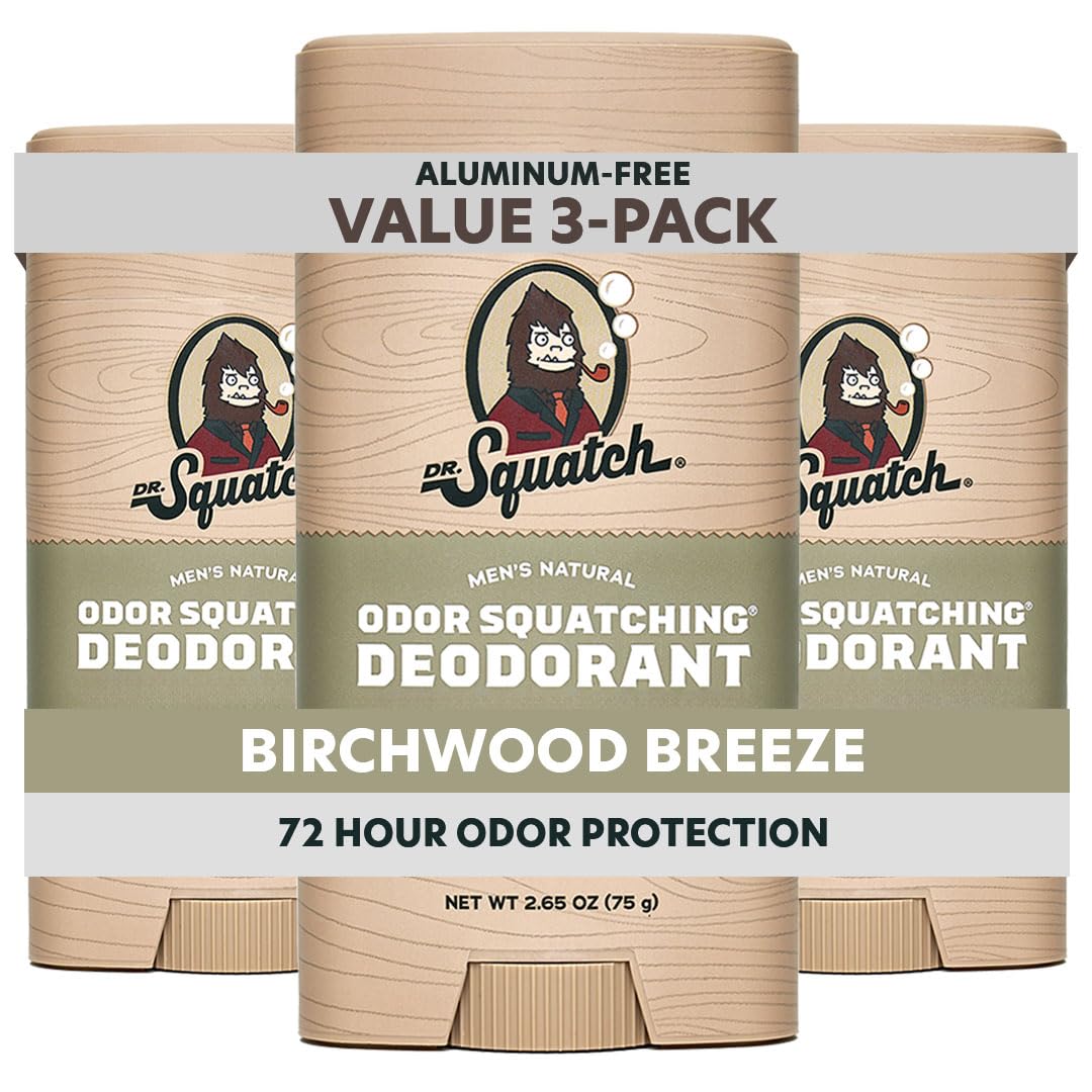 Dr. Squatch Natural Men’s Deodorant – Aluminum Free Natural Deodorant Men with Charcoal & Postbiotics for 72-Hour Odor Protection – Birchwood Breeze, 2.65oz Stick (3-Pack)