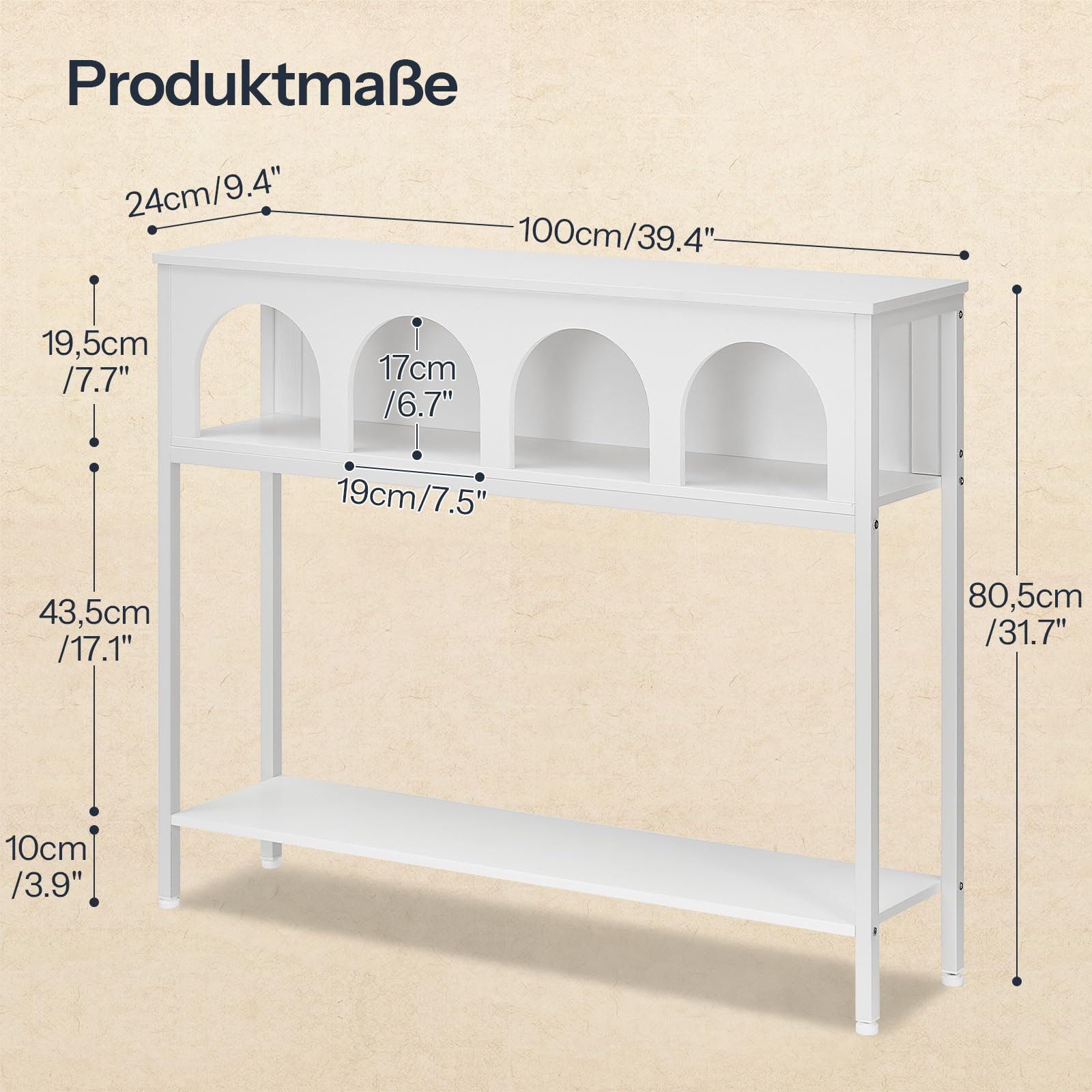 HOOBRO Schmaler Konsolentisch mit Bogendesign, Eingangstisch mit 3 Ablagen, Konsolentisch im Landhausstil, Beistelltisch, Sofatisch, Metallgestell, Flurtisch für Wohnzimmer, Flur, Weiß EWW106XG01
