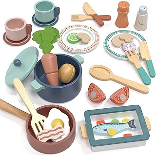 Lehoo Castle Kinderküche Zubehör, Spielküche Zubehör Holz, Kinder Küchenset, Kinderküche Geschirr mit Töpfe und Kochgeschirr, Spielzeug ab 3 Jahre