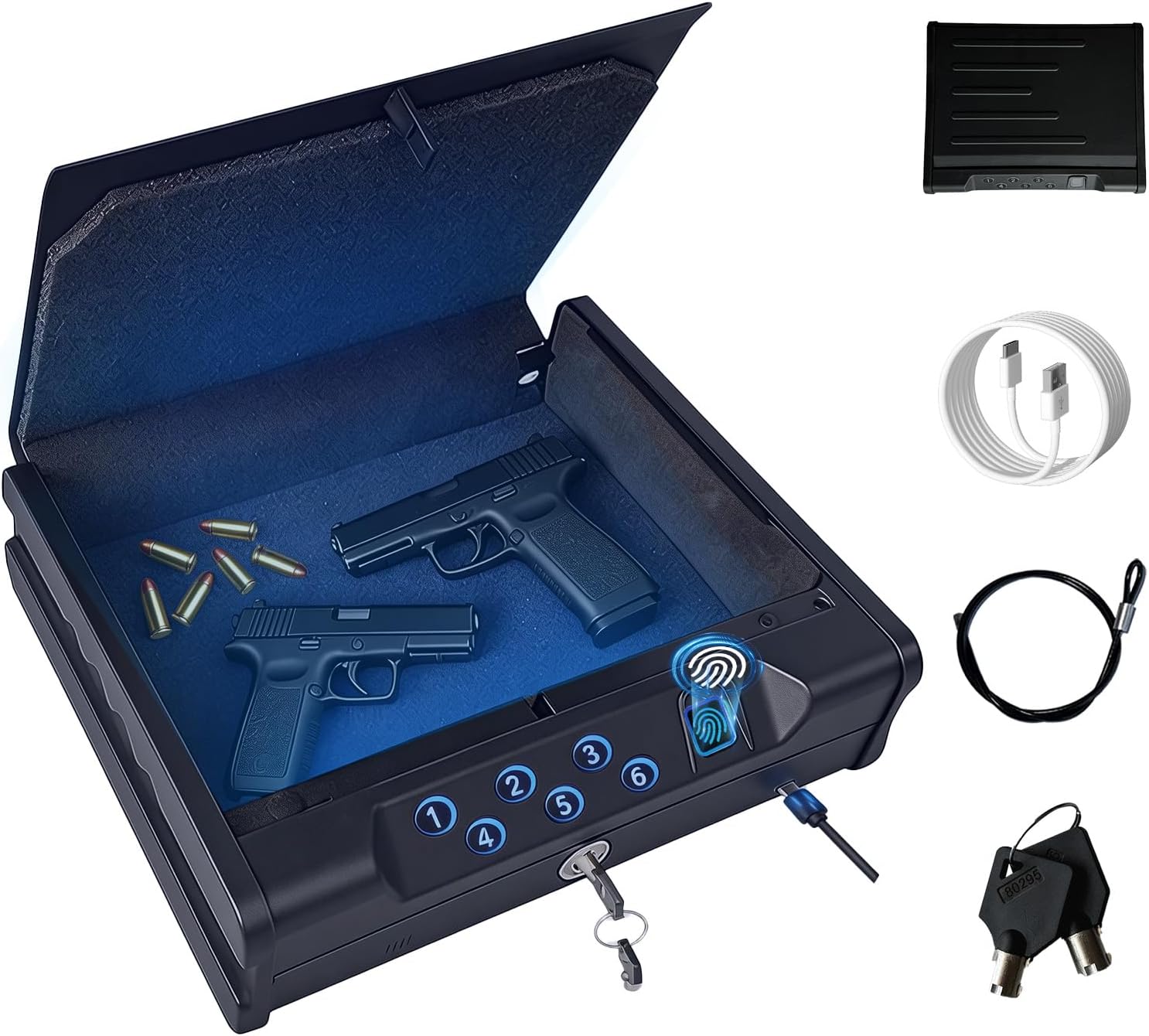 VORanexs Gun Safe with three access ways: biometric recognition, key,digital password. It’s a compact pistol safe with Type-C port and light, suitable for nightstands, bedside, cars and home use.