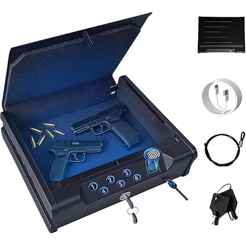 VORanexs Gun Safe with three access ways: biometric recognition, key,digital password. It’s a compact pistol safe with Type-C port and light, suitable for nightstands, bedside, cars and home use.