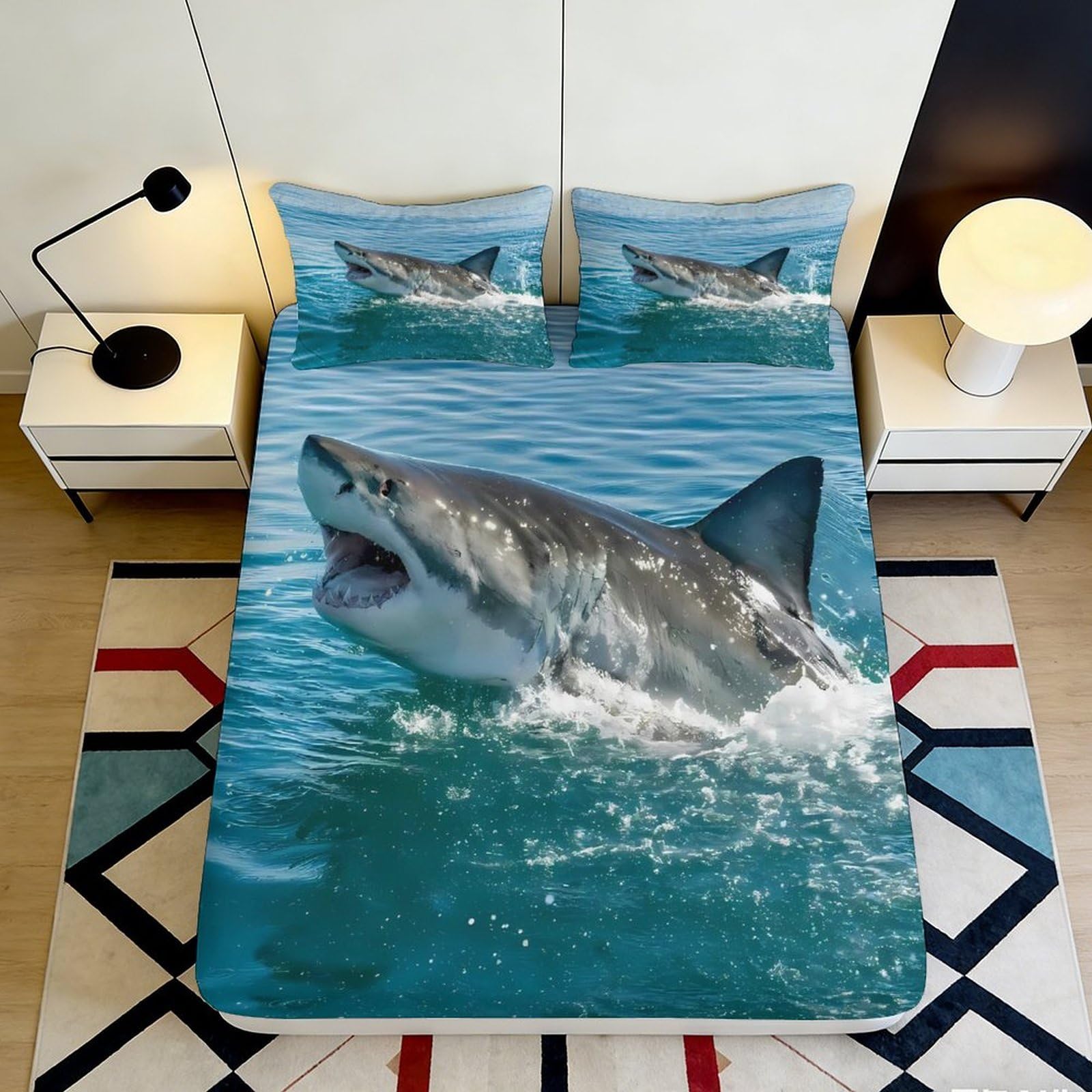 3D Printed Shark Ocean Fitted Sheet Microfiber Soft Durable Wave Mattress Cover for Bedroom Guest Room Decor Protection 90x200x25cm