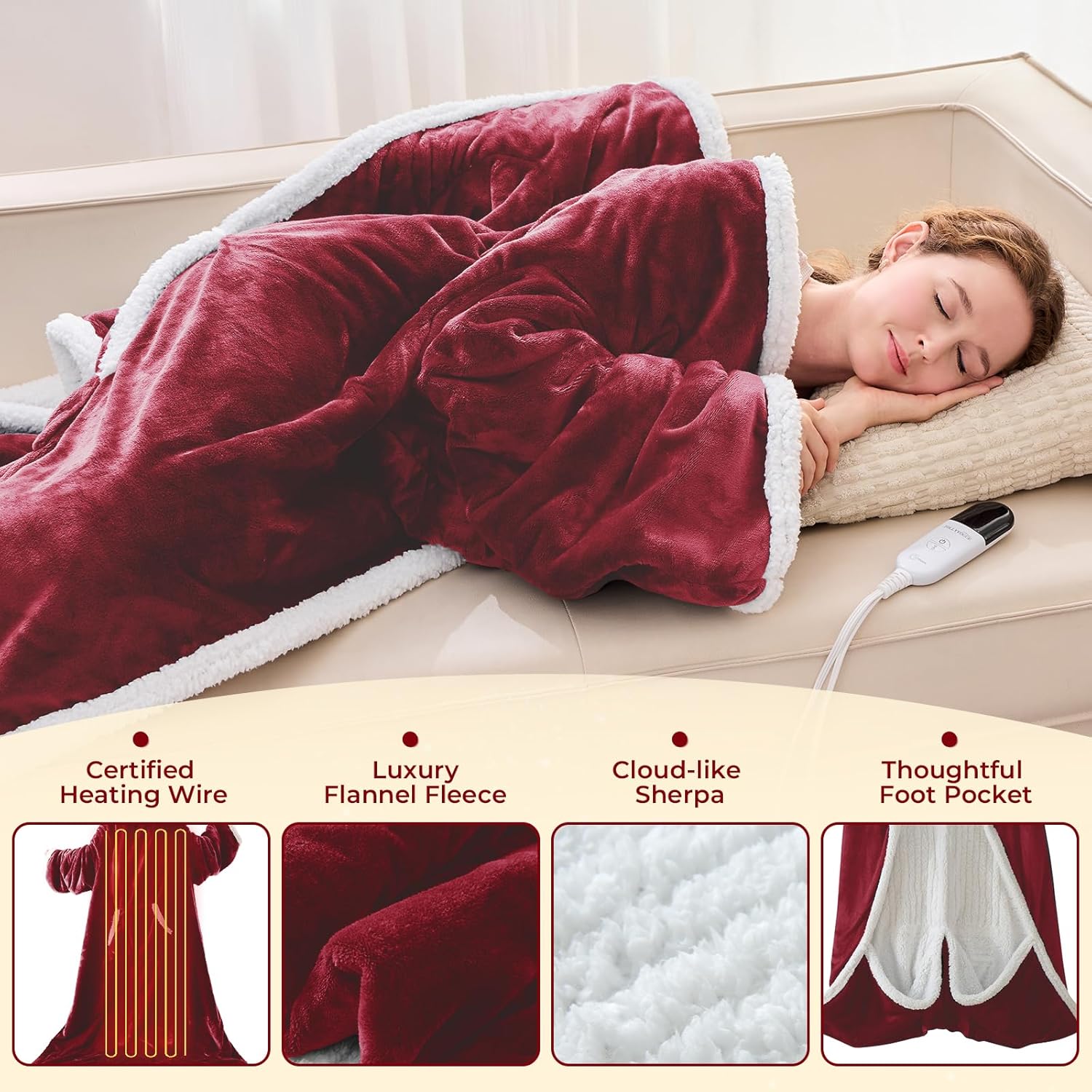 JOLLYVOGUE Wearable Heated Blanket with Foot Pocket, Heating Electric Blanket, 7 Heat Settings & 4h Auto Shut-off