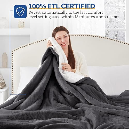 Miniatura 3 de SEALY Electric Blanket Twin Size, Flannel & Sherpa Heated Blanket with 10 Heating Levels & 1-12 Hours Auto Off, Machine Washable, Grey, 62x 84 Inch