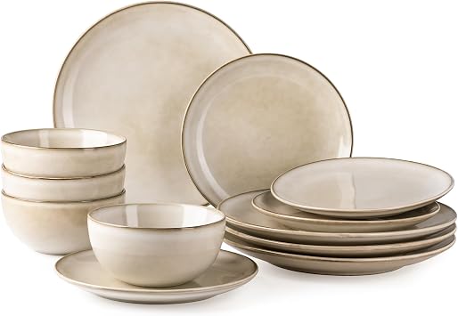 GBHOME Dinnerware Sets For 4, 12Pcs Stoneware Plates and Bowls Sets, Dishwasher&Microwave Safe