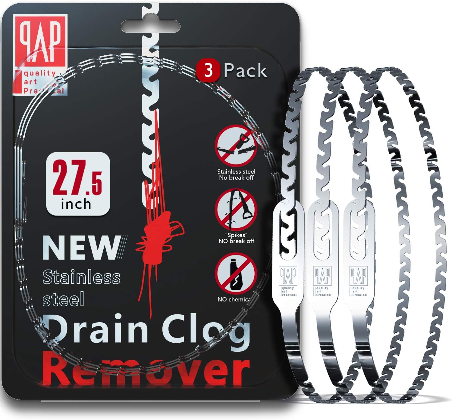 Stainless Steel 27.5inch Hair Drain clog remover, Drain Hair Cather Shower Drain Hair Trap Drain Cleaning Tool Drain Clog Remover 3 Pack