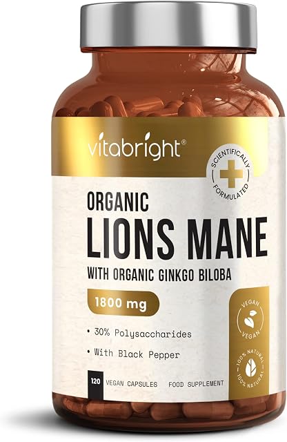 Organic Lions Mane Mushroom Complex - 12:1 Extract Ratio Equivalent to 1800mg - 120 Capsules (4 Month Supply) - with Ginkgo Biloba and Black Pepper - Memory, Brain Health - Made in UK by VitaBright