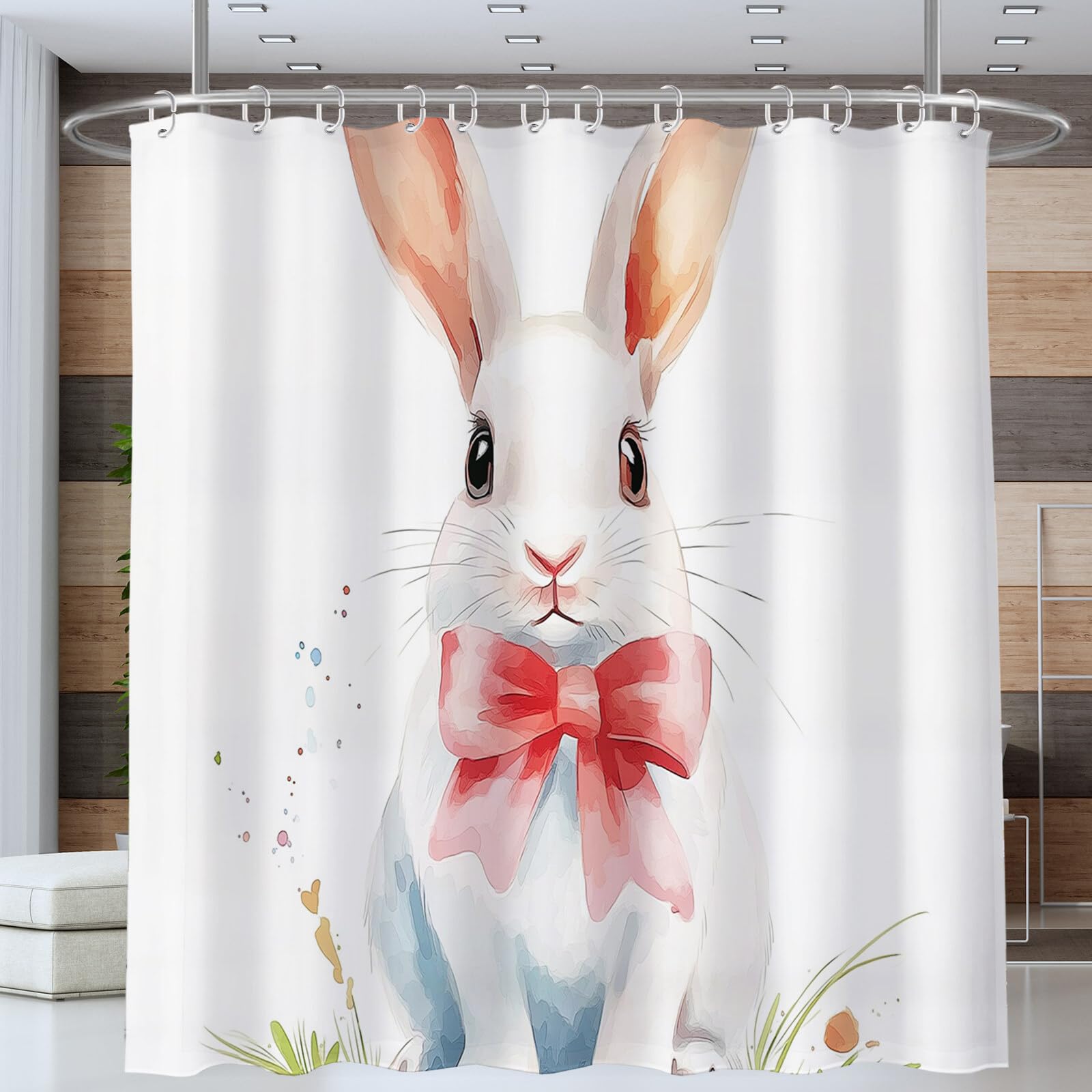 Rideau De Douche Lapin À Nœud Animaux À L'Aquarelle Tissu Imperméable Lavable avec Crochets Anti Moisissure en Polyester Rideau Douche pour Salle De Bain