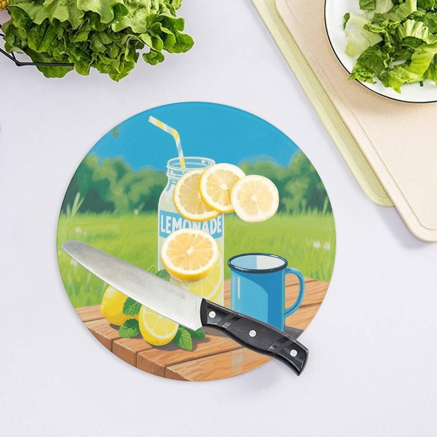 Lemonade Tempered Glass Cutting Board Sturdy Chopping Block Personalized Large Butcher Block Lightweight Round Chopping Mat for Kitchen Non Slip