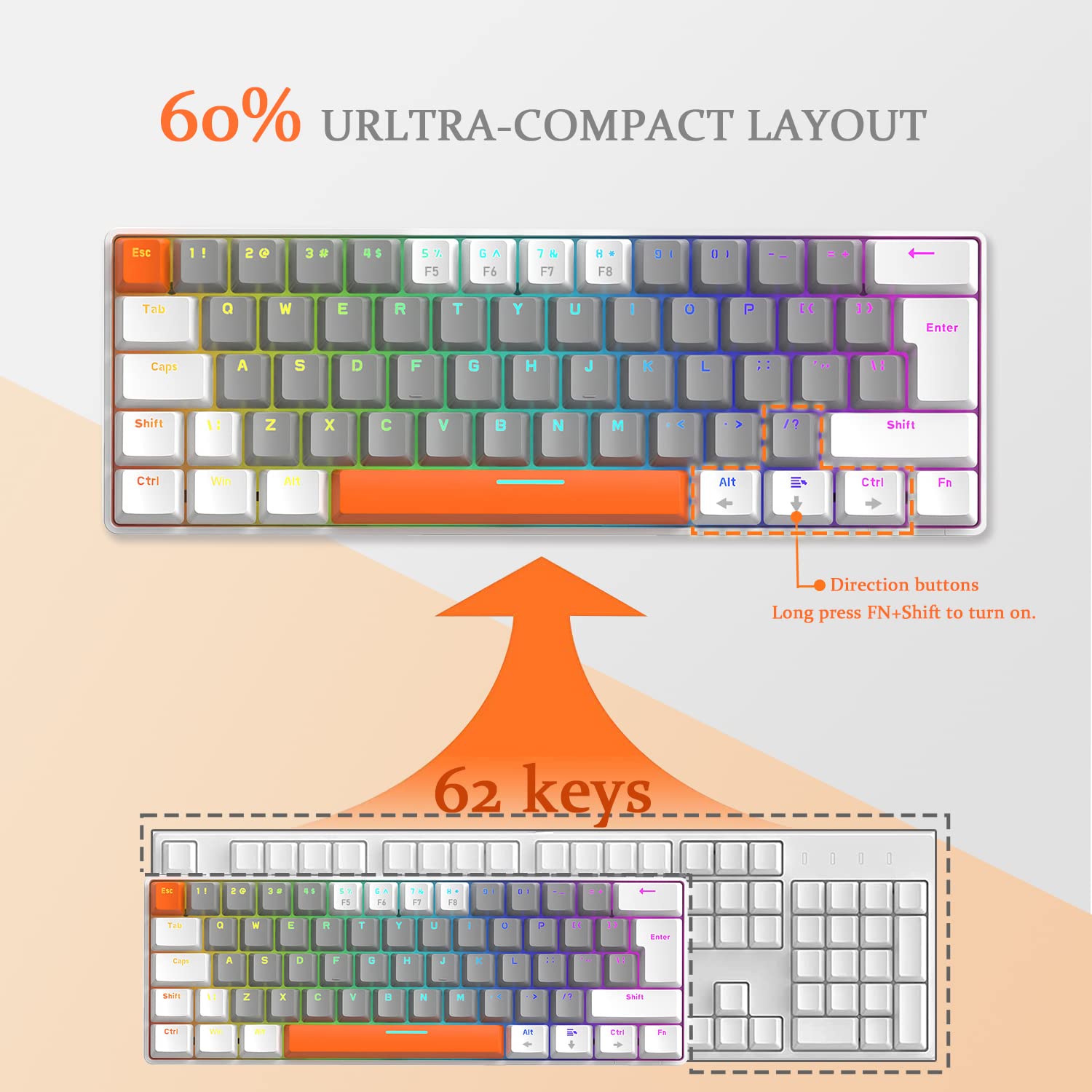ZIYOU LANG T60 Clavier de Jeu Filaire avec Câble USB C Enroulé, QWERTY Mini 60% Compact 62 Key Anti-ghosting, 18 Rétroéclairage Arc-en-Ciel, Clavier Mécanique Linear Red Switch pour PC/Mac - Abeille