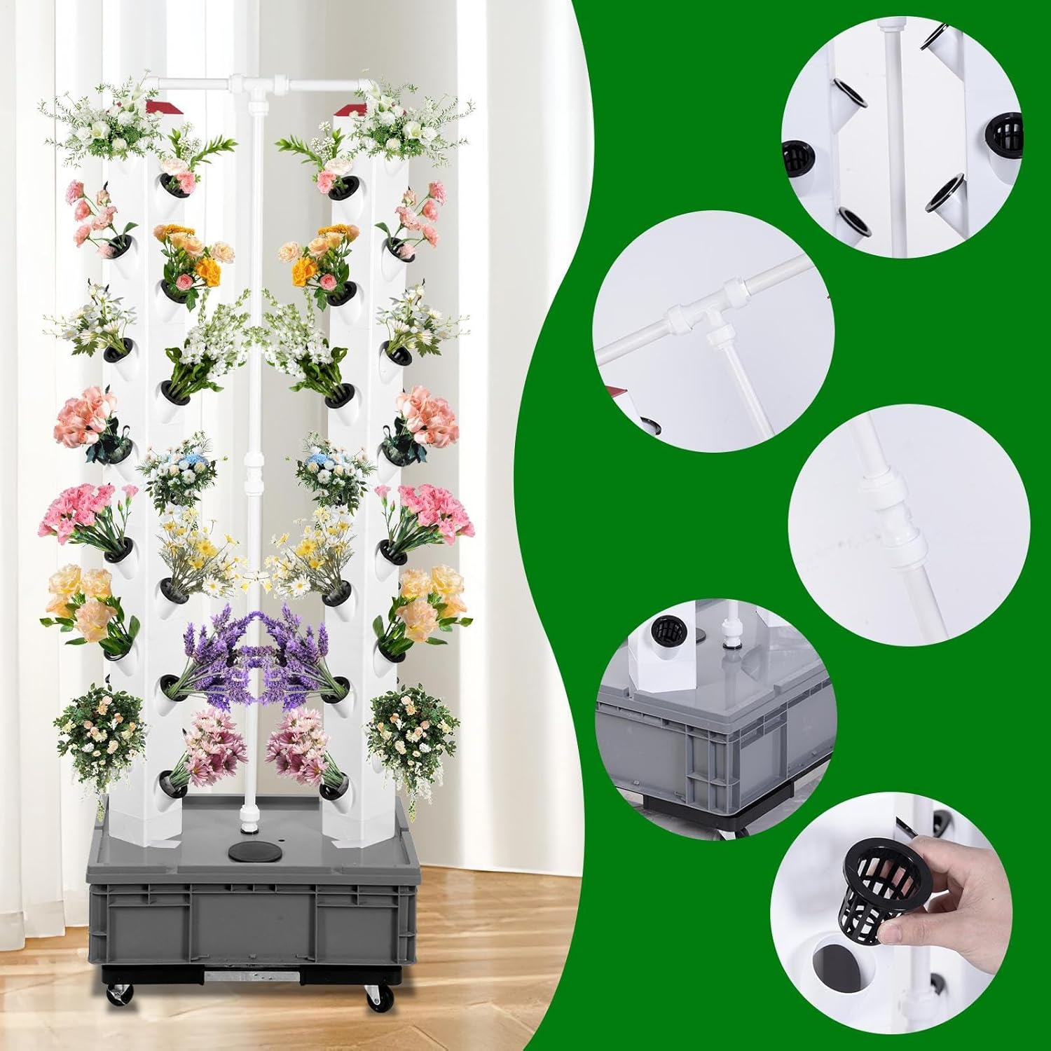 30L Hydroponics Growing Tower,56 Planting Holes Vertical Vegetable Planter Tower Hydroponic Germination Tower with 4 Wheels,7.93Gal Indoor Outdoor Garden Hydroponics Growing Tower System
