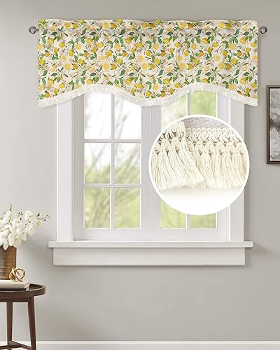 Cenefa de limón para ventanas, cenefa de ventana de flores de hojas de primavera, cenefa de cocina con borla, cortinas cortas de limón de verano