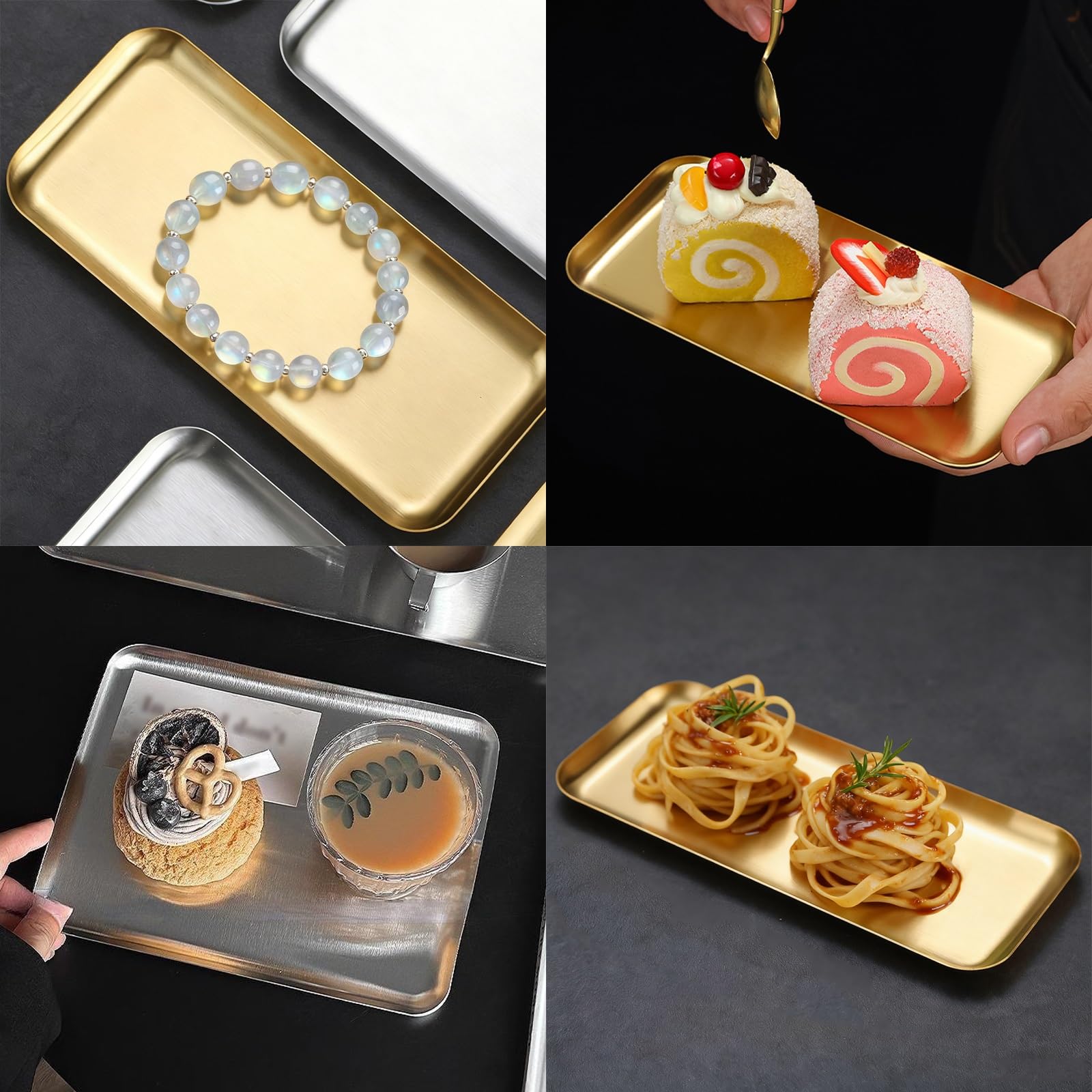 Juego de 3 Bandejas para Servir Comida, Bandejas de Acero Inoxidable, Acabado Cepillado, Elegante y Discreto, Resistente Al Agua y Duradera(Gold,19x19CM/7x7IN)