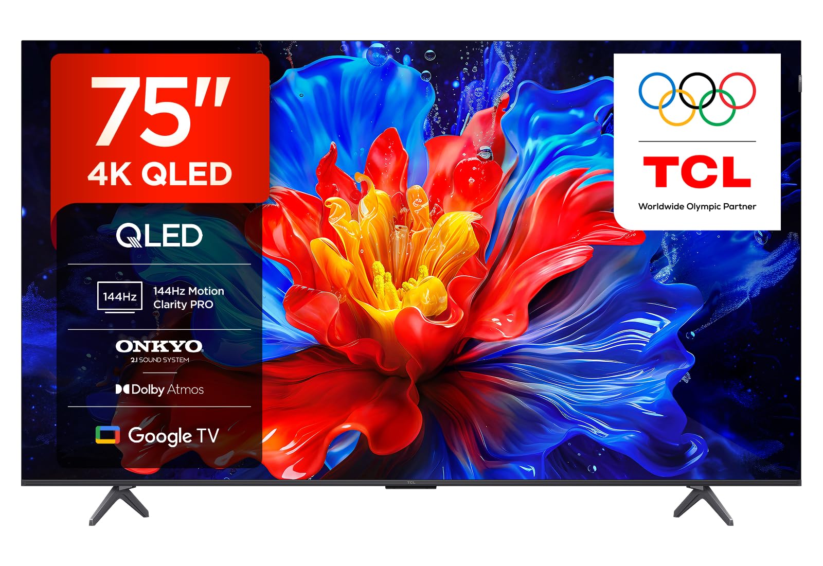 TCL 75P89K 75” TV QLED 4K HDR Ultra HD, Smart TV avec Google TV, Dolby Vision & Atmos, Motion Clarity Pro 144 Hz, FreeSync, Son Onkyo 2.1, Commande vocale, Compatible avec Google Assistant