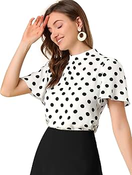 Allegra K Women's Polka Dots Blouse Stand Collar Pleat